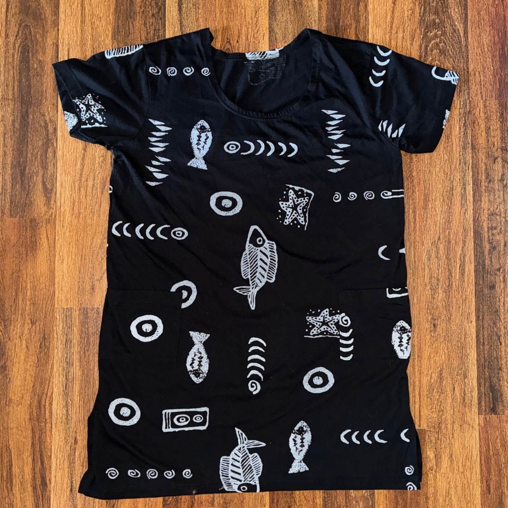 Womens Black White Nautical Fish Starfish Print T-Shirt Dress with Pockets